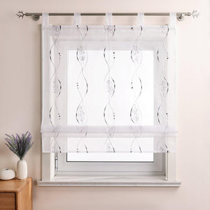 Roman Shade with Tab-Top Hanging with Line-Pattern Embroidery Sheer 1 Piece - Gray, W x H 60 x 140cm