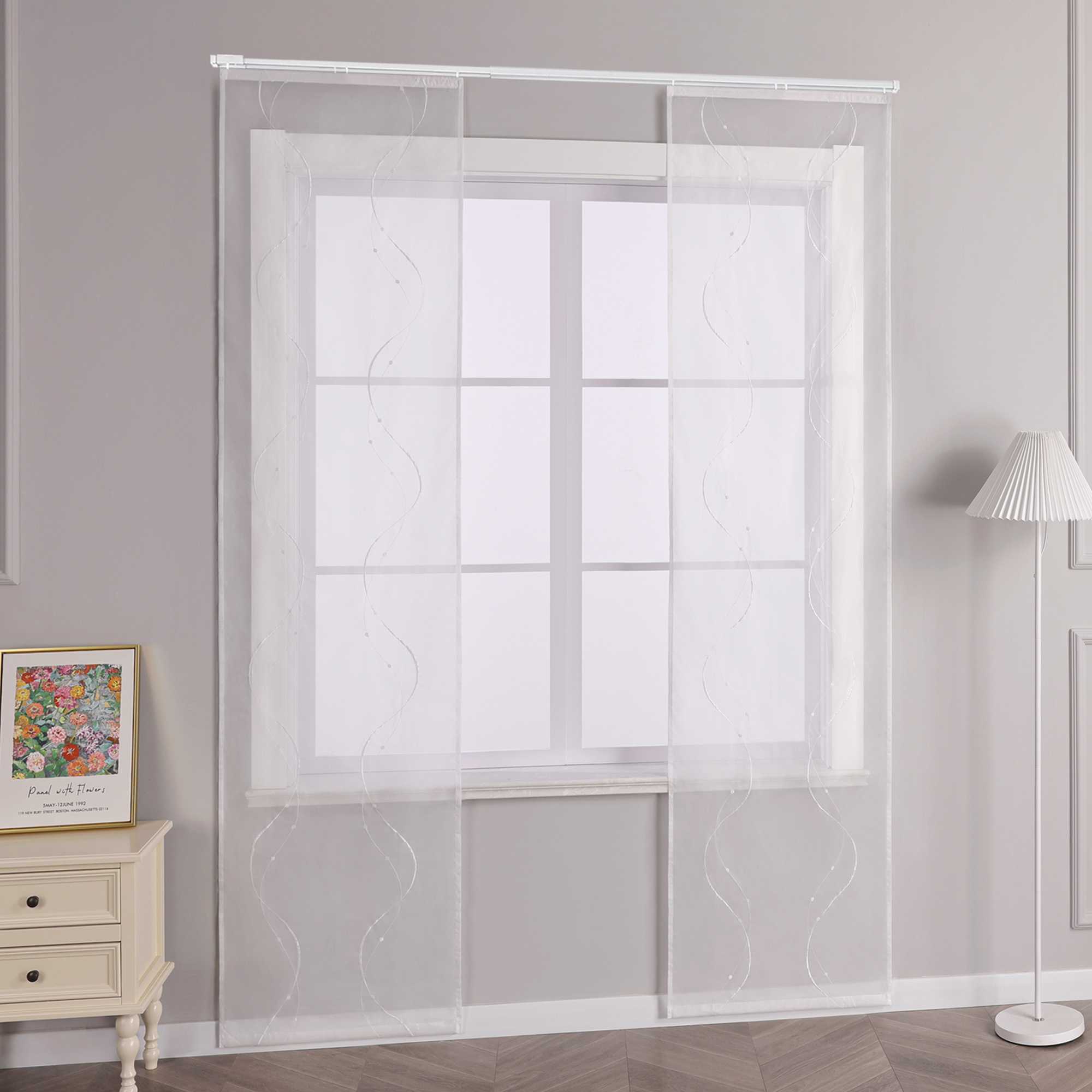 Hook-and-Loop Sliding Panel Curtains with Wave Pattern with Hook-and-Loop Tape 2 Pieces - White, W x H 57 x 175cm