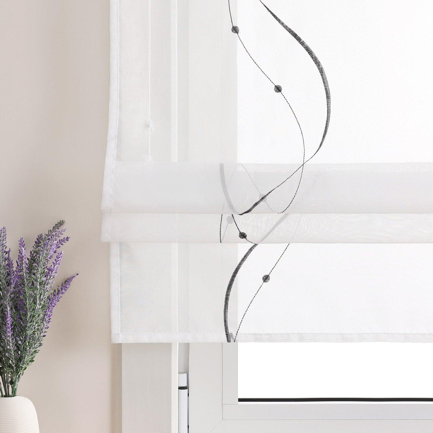 Roman Shade with Hook-and-Loop Tape Voile with Wave-and-Bead Pattern Embroidery 1 Piece - White, W x H 100 x 140cm