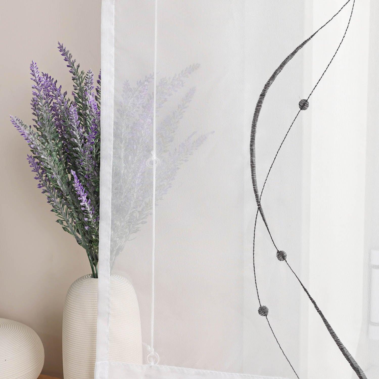 Roman Shade with Hook-and-Loop Tape Voile with Wave-and-Bead Pattern Embroidery 1 Piece - White, W x H 120 x 140cm