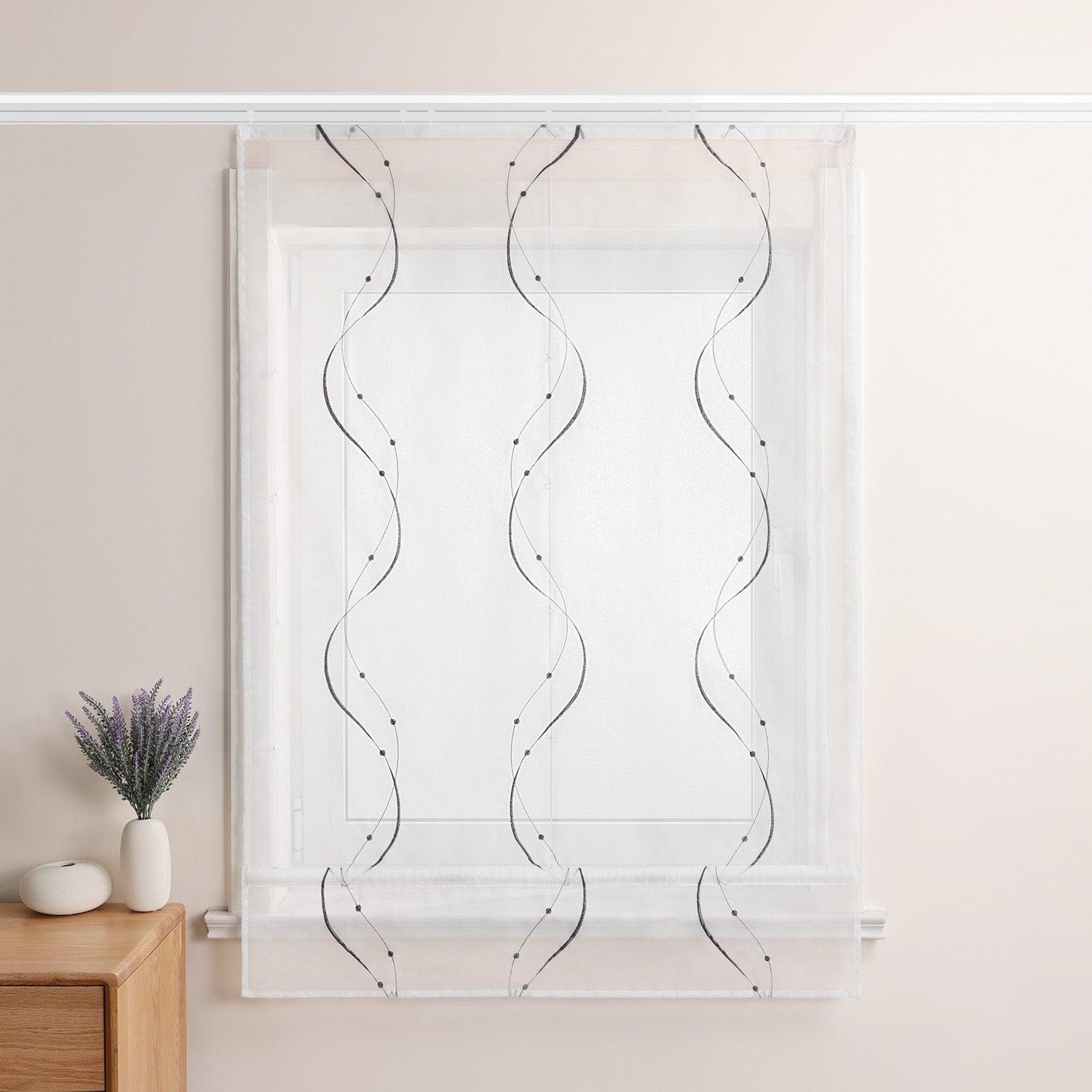 Roman Shade with Hook-and-Loop Tape Voile with Wave-and-Bead Pattern Embroidery 1 Piece - White, W x H 60 x 140cm