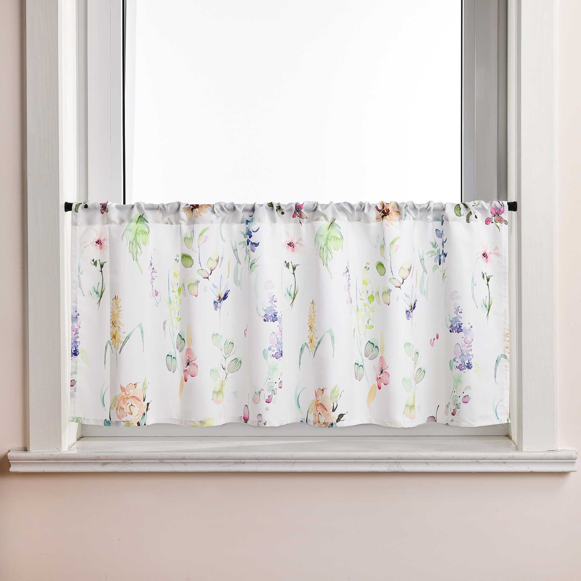 Cafe Curtain Short with Colorful Floral Pattern with Rod Pocket Semi-Sheer - White, H x W 30 x 90cm
