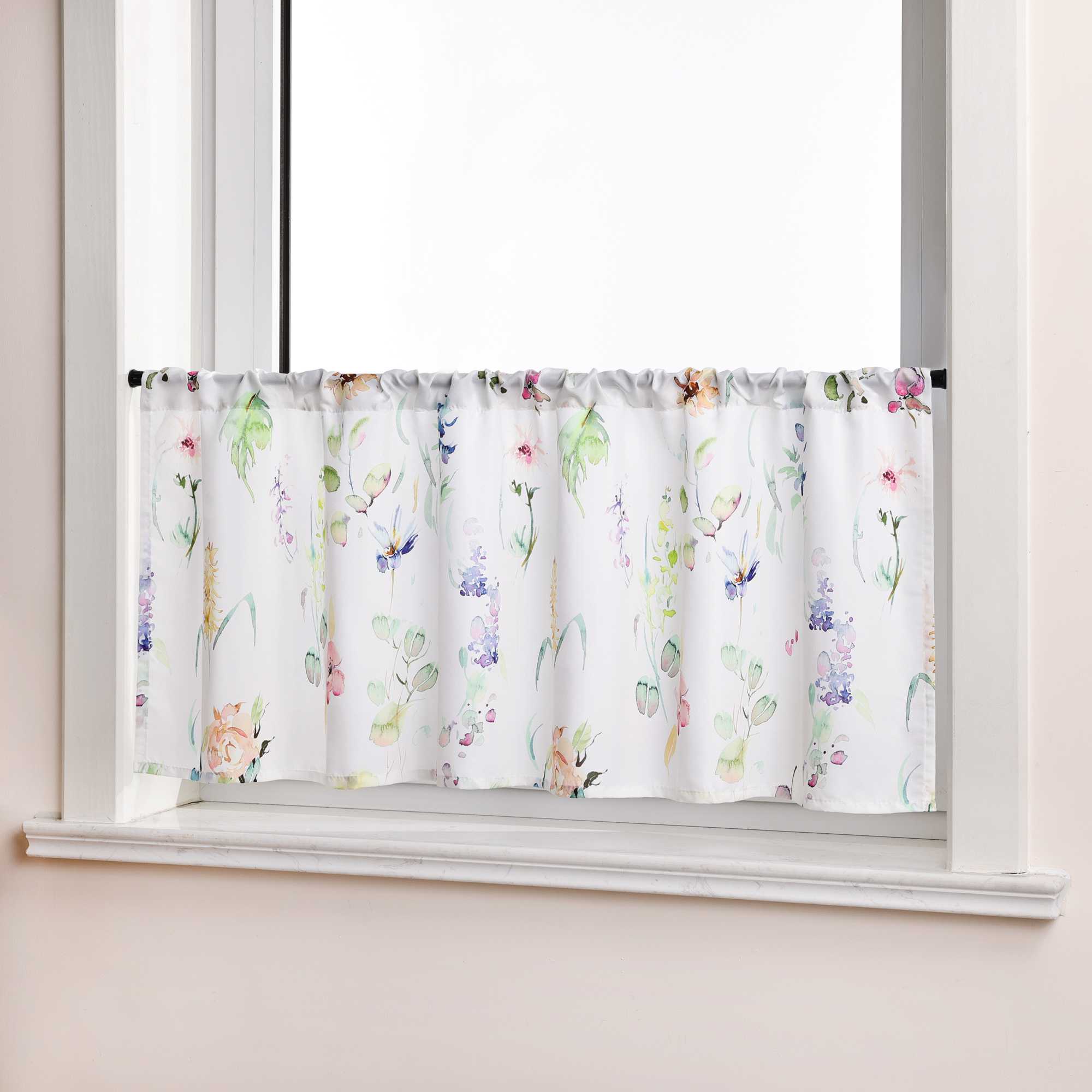 Cafe Curtain Short with Colorful Floral Pattern with Rod Pocket Semi-Sheer - White, H x W 30 x 120cm