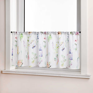 Cafe Curtain Short with Colorful Floral Pattern with Rod Pocket Semi-Sheer - White, H x W 30 x 120cm