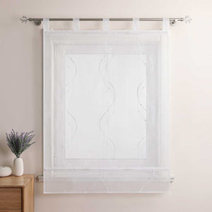 Roman Shade with Tab-Top Hanging and Wave Pattern Embroidery - White, W x H 100 x 140cm