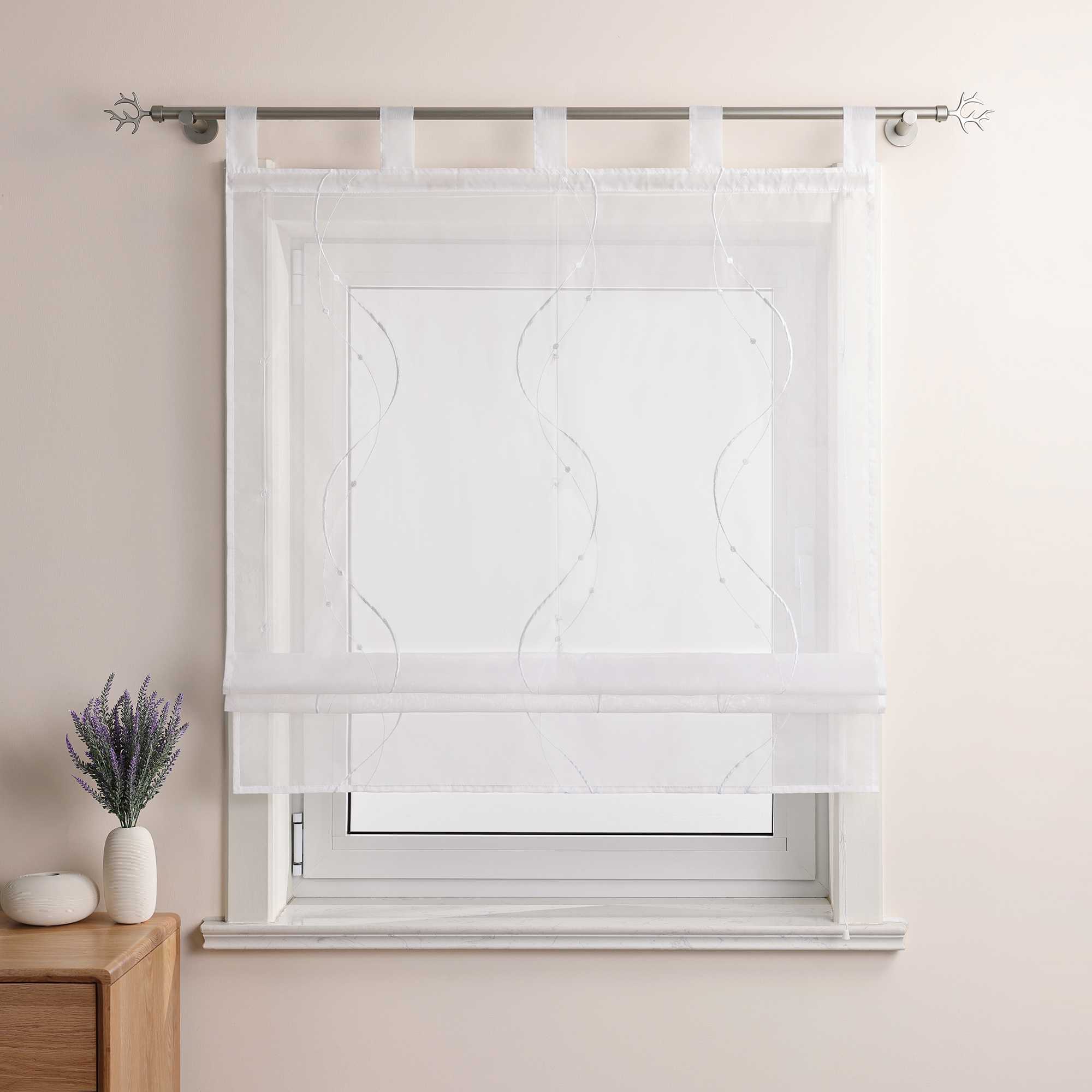 Roman Shade with Tab-Top Hanging and Wave Pattern Embroidery - White, W x H 60 x 140cm
