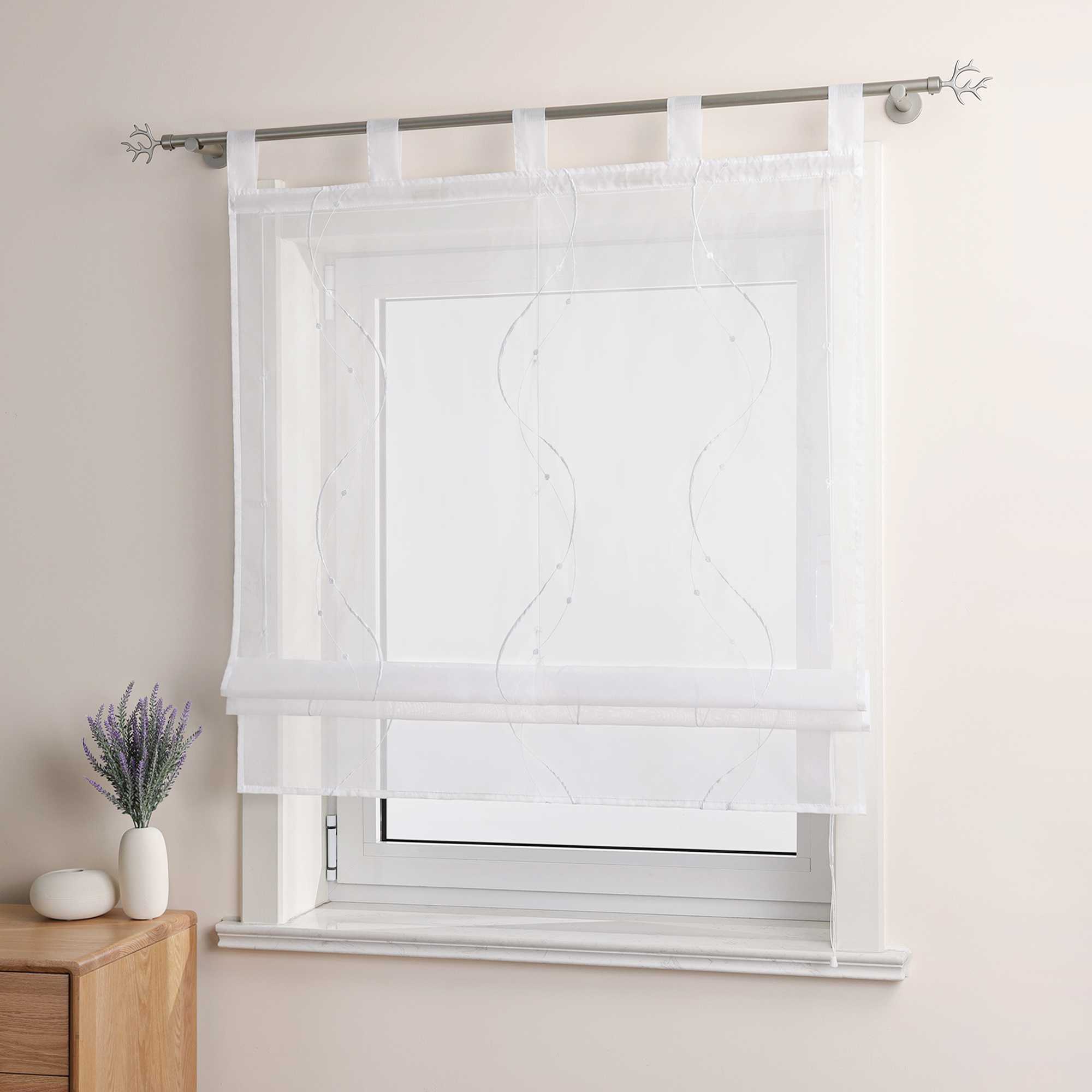 Roman Shade with Tab-Top Hanging and Wave Pattern Embroidery - White, W x H 80 x 140cm