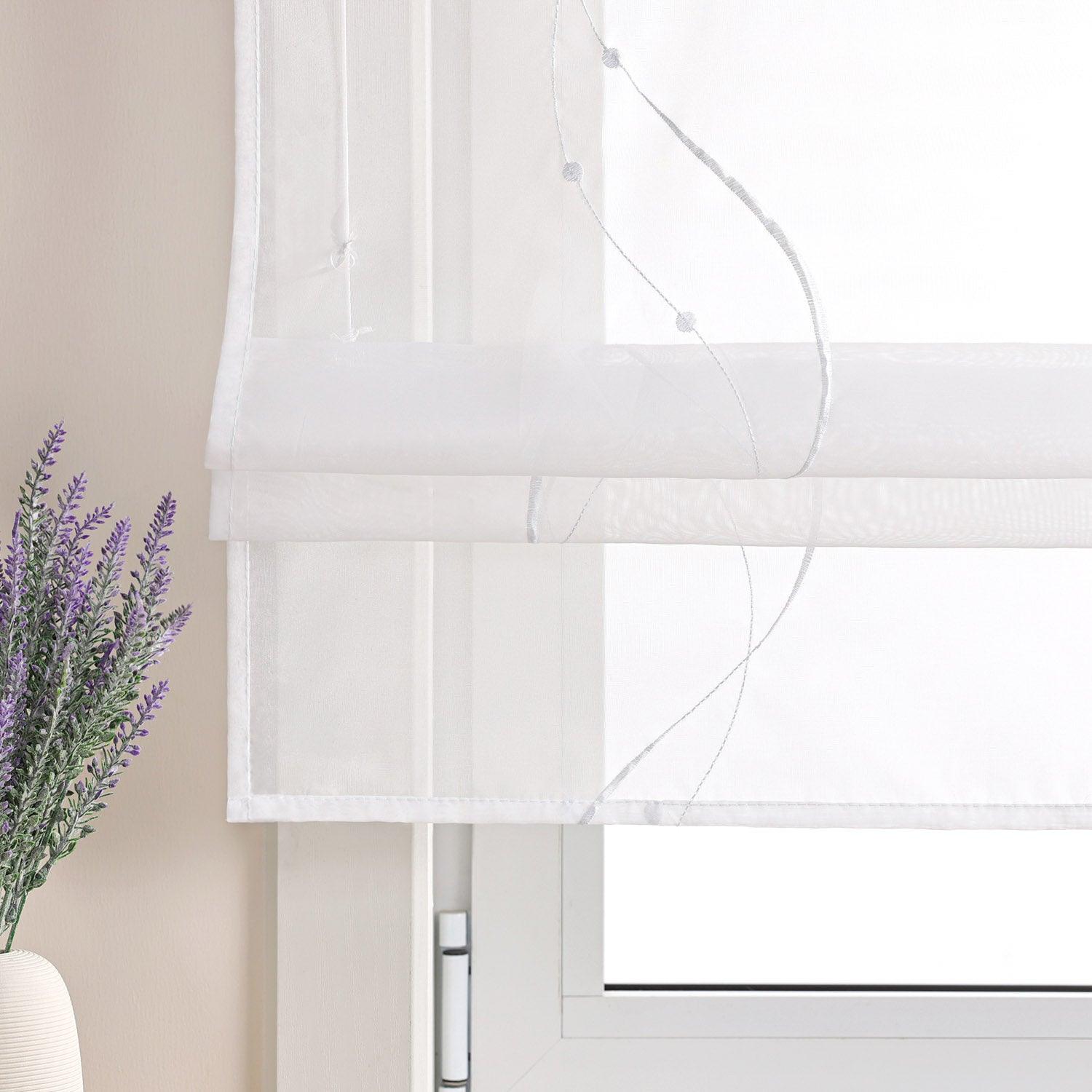 Roman Shade with Hook-and-Loop Tape Voile with Wave-and-Bead Pattern Embroidery 1 Piece - White, W x H 80 x 140cm