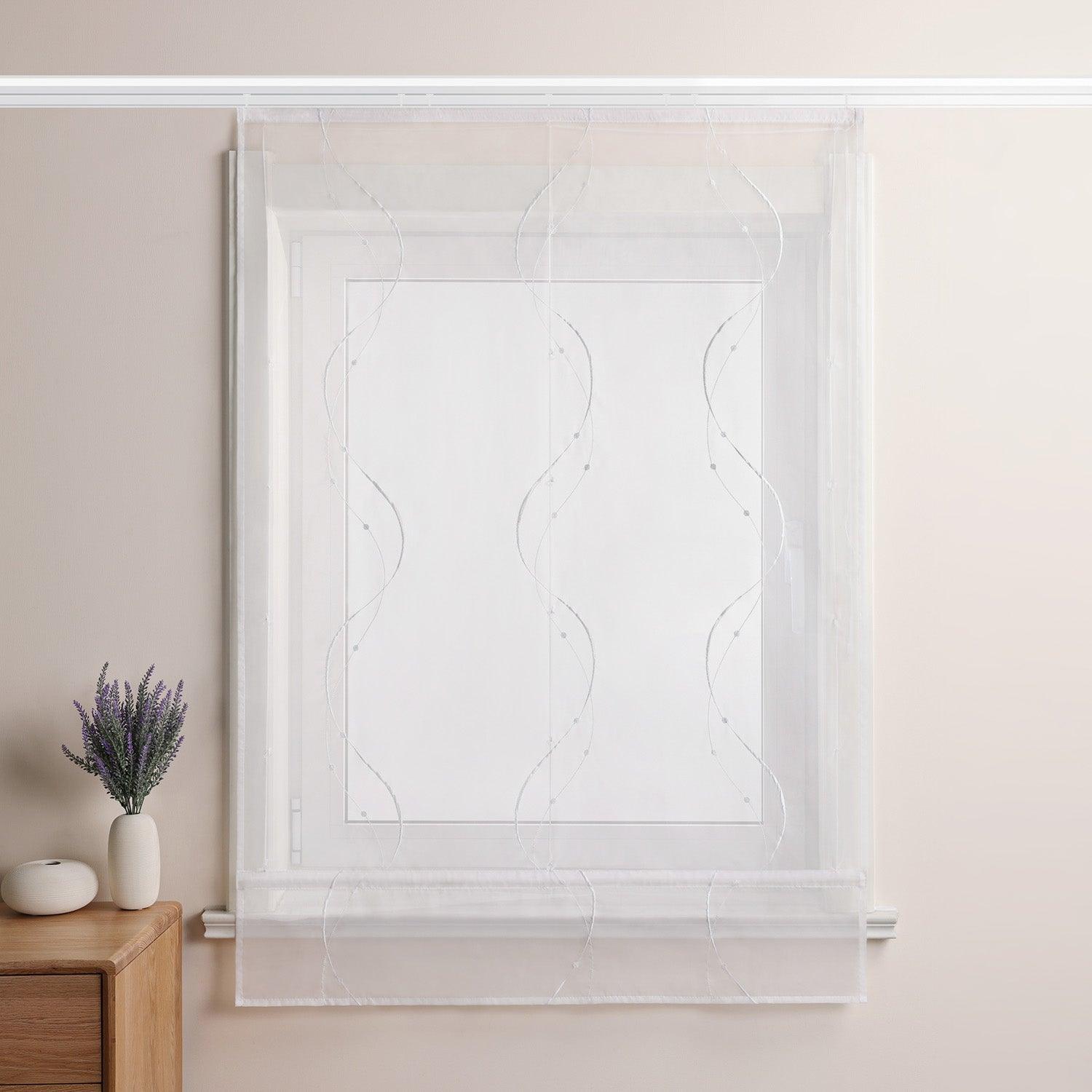Roman Shade with Hook-and-Loop Tape Voile with Wave-and-Bead Pattern Embroidery 1 Piece - Gray, W x H 100 x 140cm