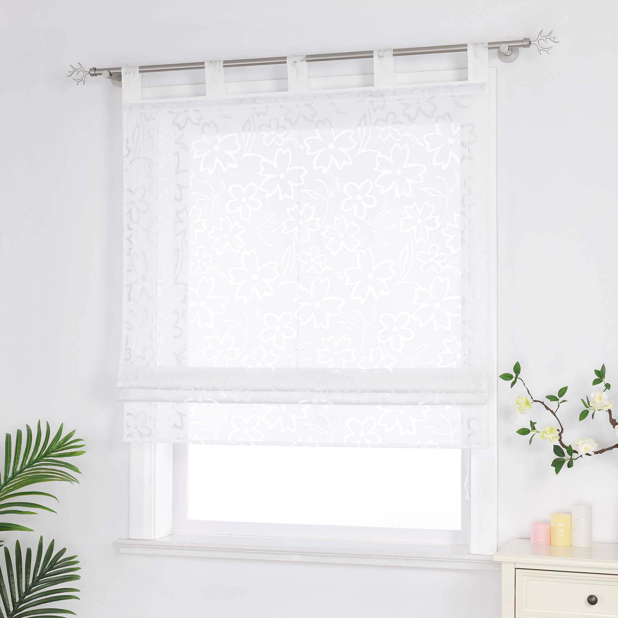 Delien Roman Shades with Floral Pattern with Tab-Top Hanging - White, W x H 80 x 140cm