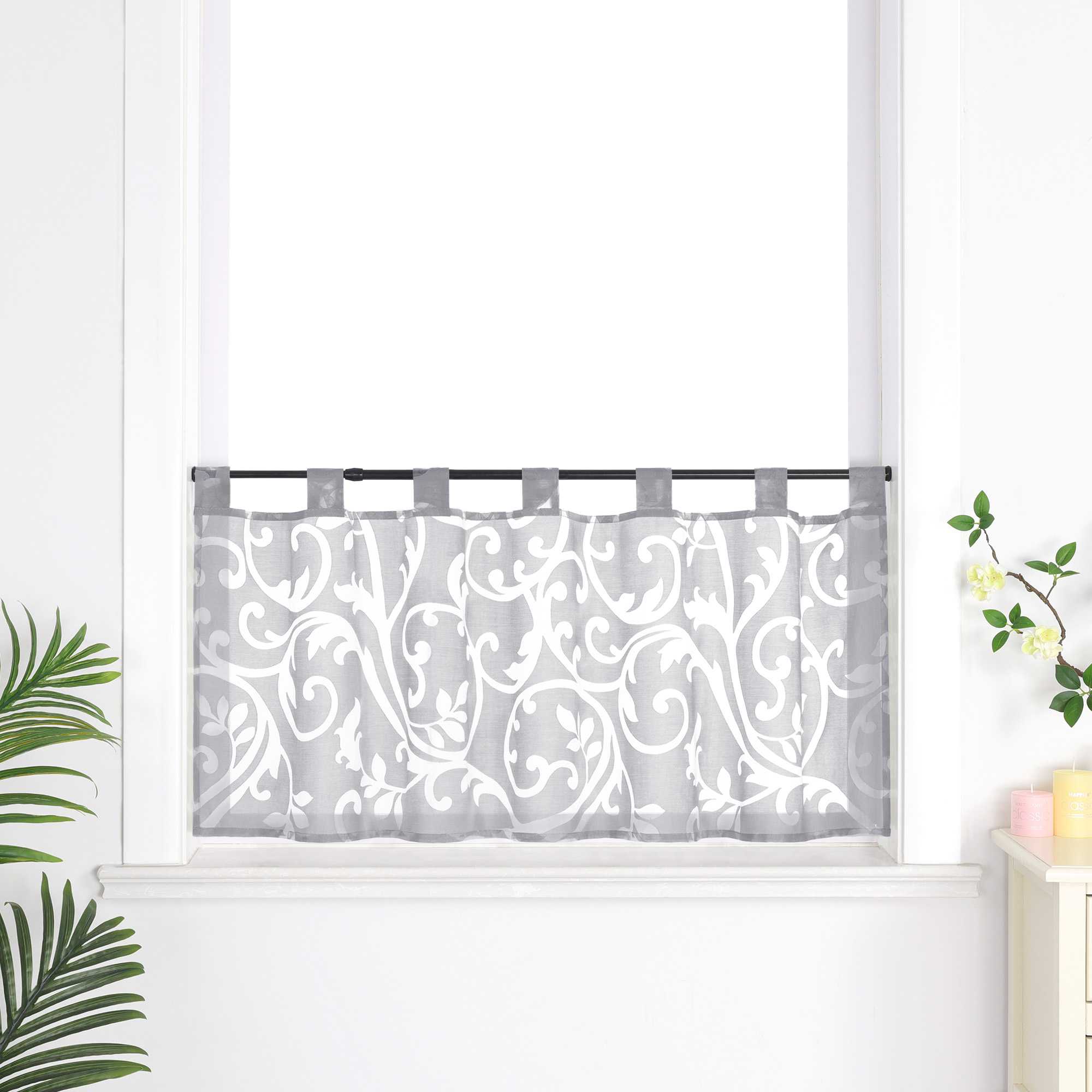 Cafe Curtain Voile with Tab-Top Hanging with Burnout Fabric - Gray, H x W 60 x 120cm