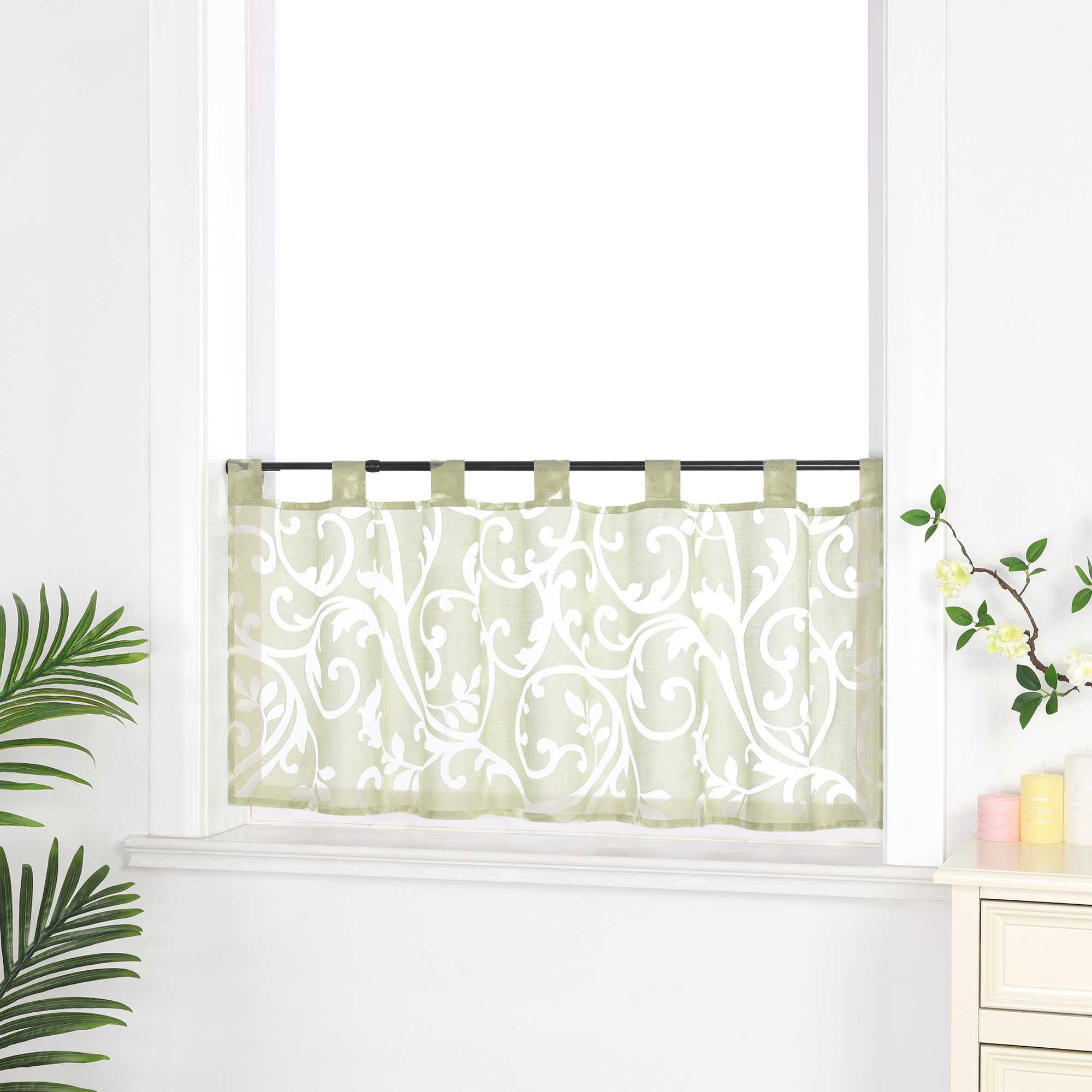 Cafe Curtain Voile with Tab-Top Hanging with Burnout Fabric