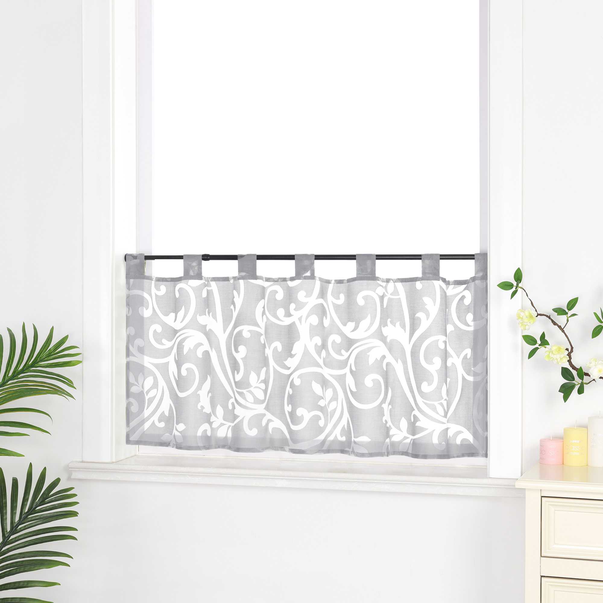 Cafe Curtain Voile with Tab-Top Hanging with Burnout Fabric - Gray, H x W 60 x 145cm