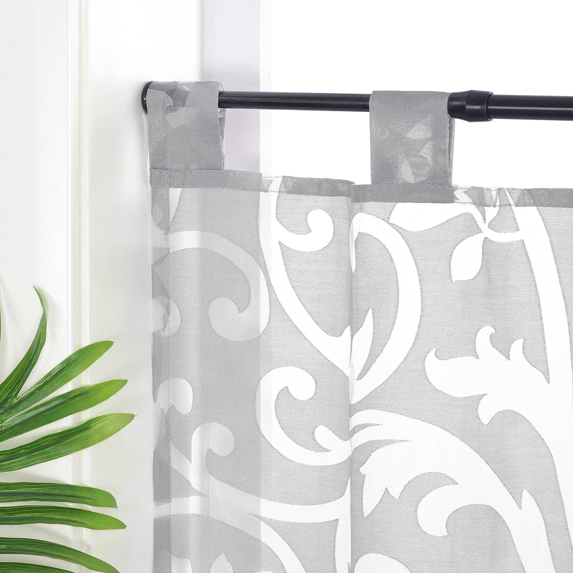 Cafe Curtain Voile with Tab-Top Hanging with Burnout Fabric - White, H x W 45 x 90cm