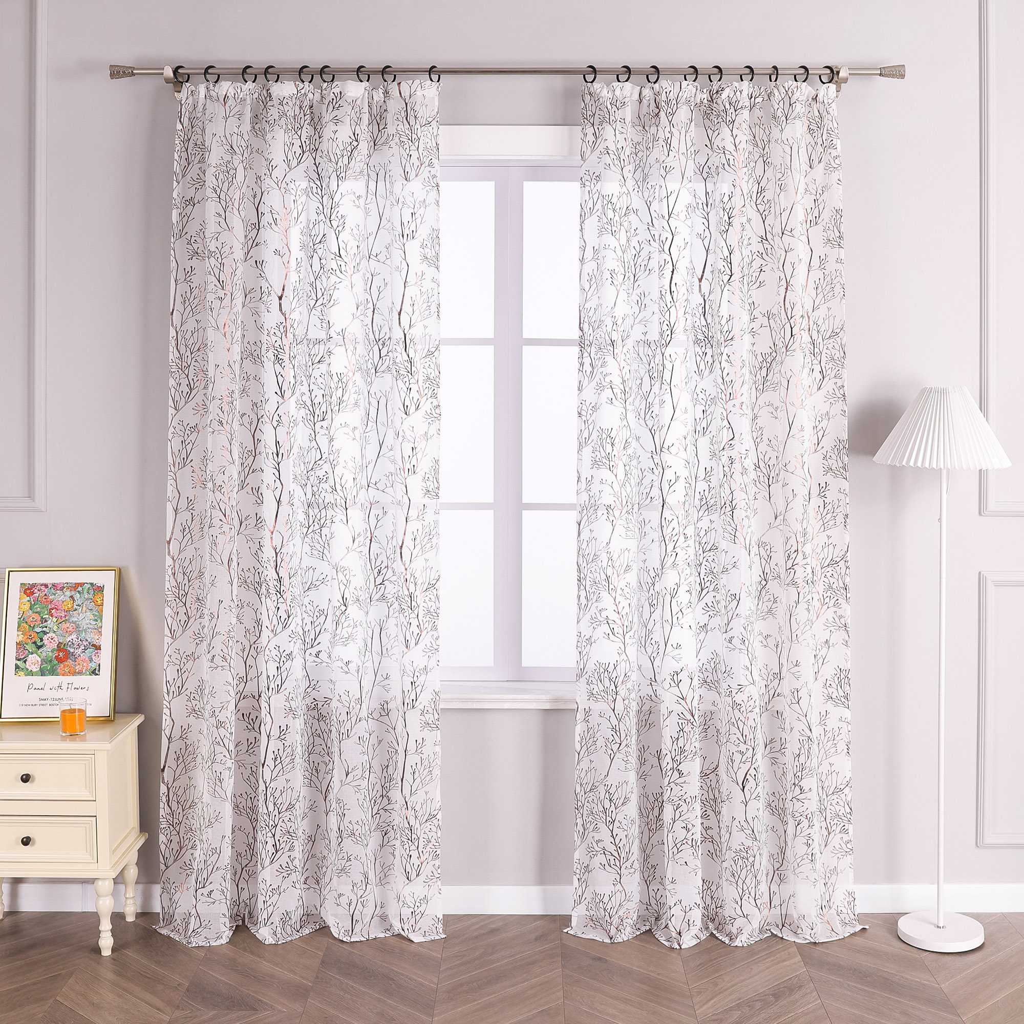 Curtain with Gold-Tone Branch Pattern and Curtain Tape