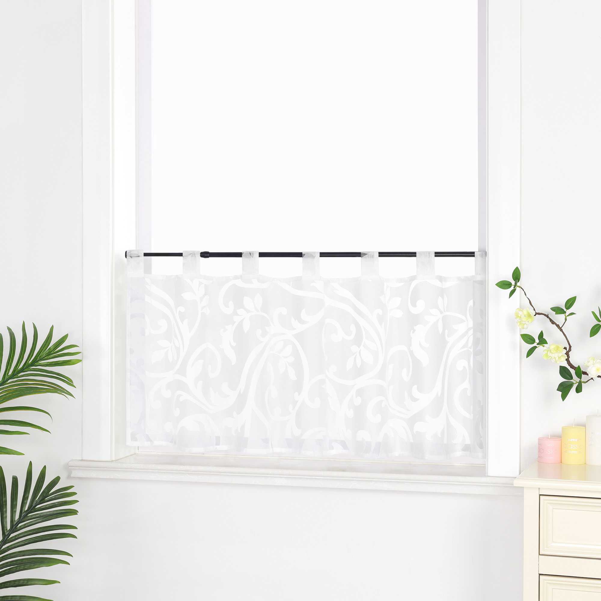 Cafe Curtain Voile with Tab-Top Hanging with Burnout Fabric - Green, H x W 45 x 120cm