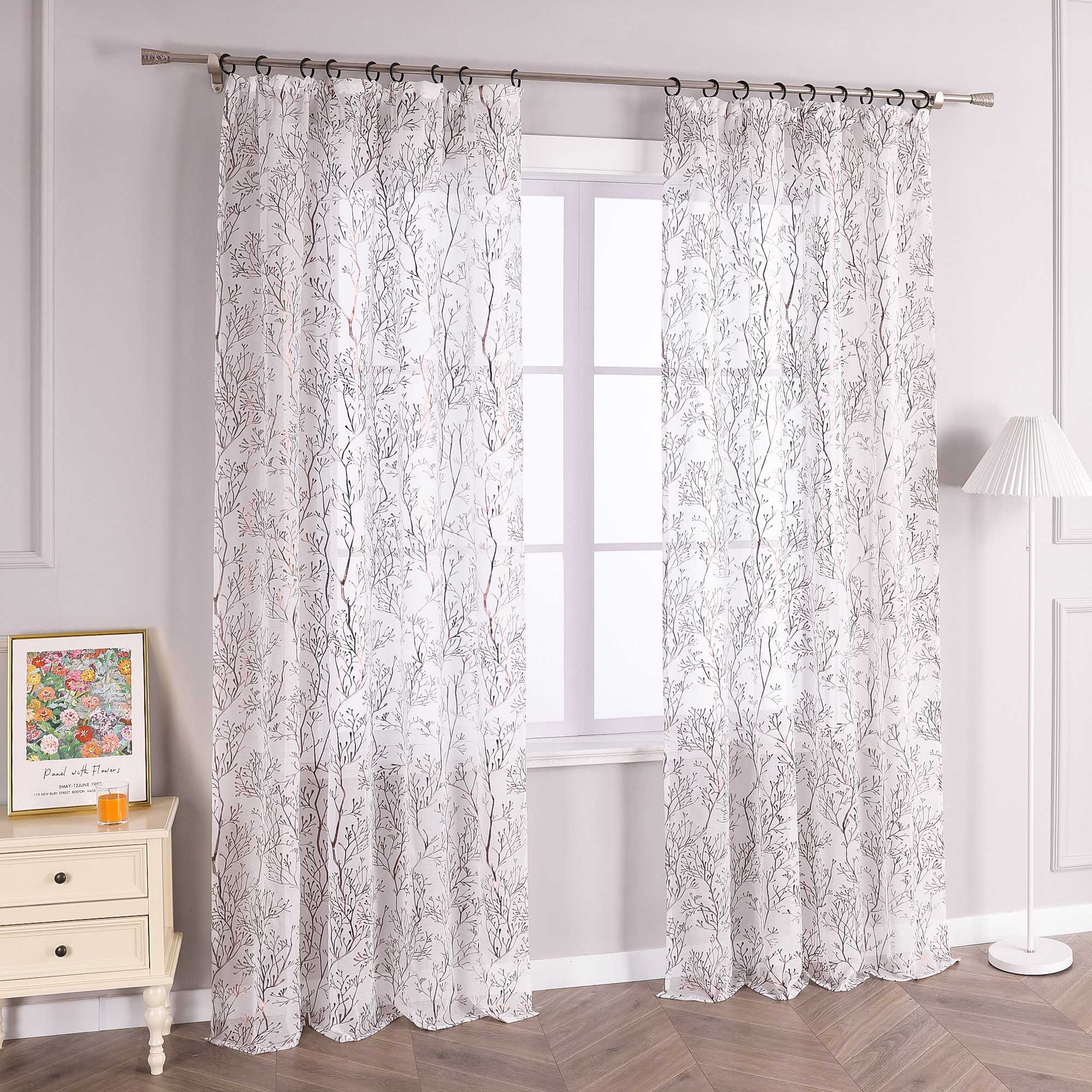Curtain with Gold-Tone Branch Pattern and Curtain Tape