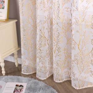 Curtain with Gold-Tone Branch Pattern and Curtain Tape - Gold, W x H 140 x 245cm