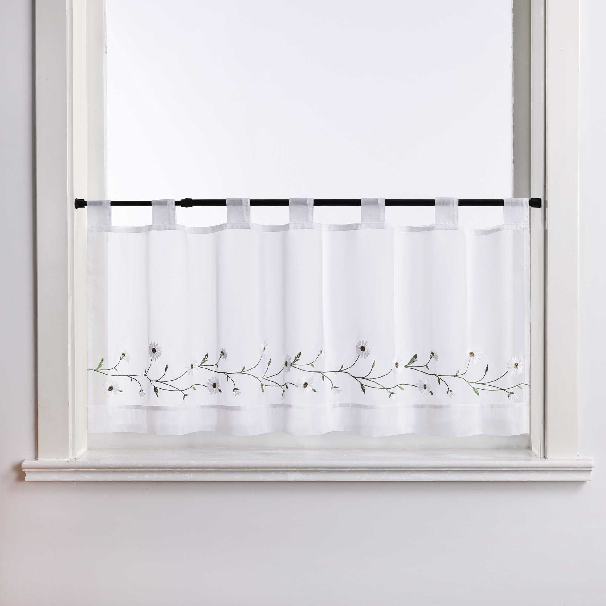 Cafe Curtains Country Style Sheer with Small Daisy Embroidery - White, H x W 30 x 90cm