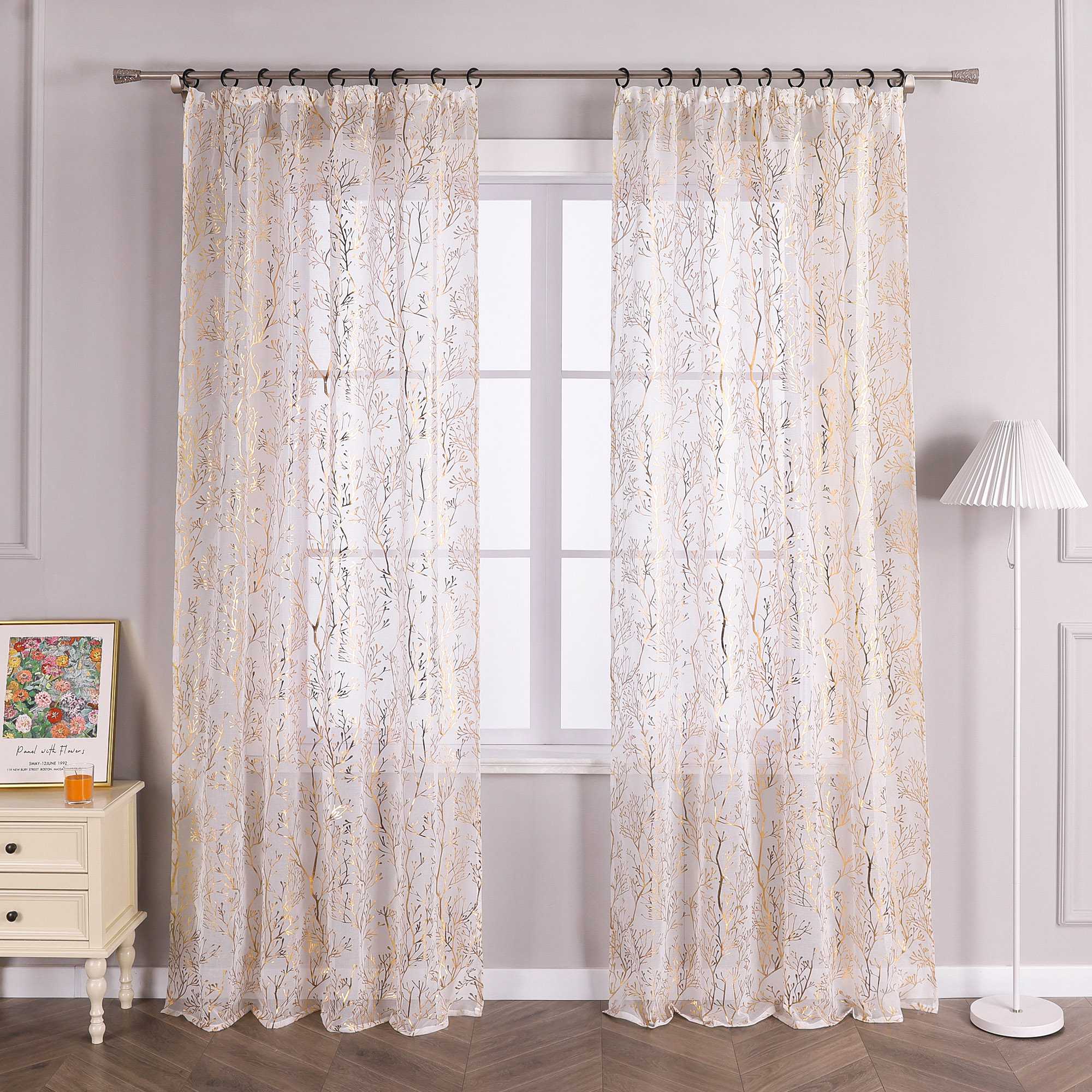 Curtain with Gold-Tone Branch Pattern and Curtain Tape - Gold, W x H 140 x 145cm