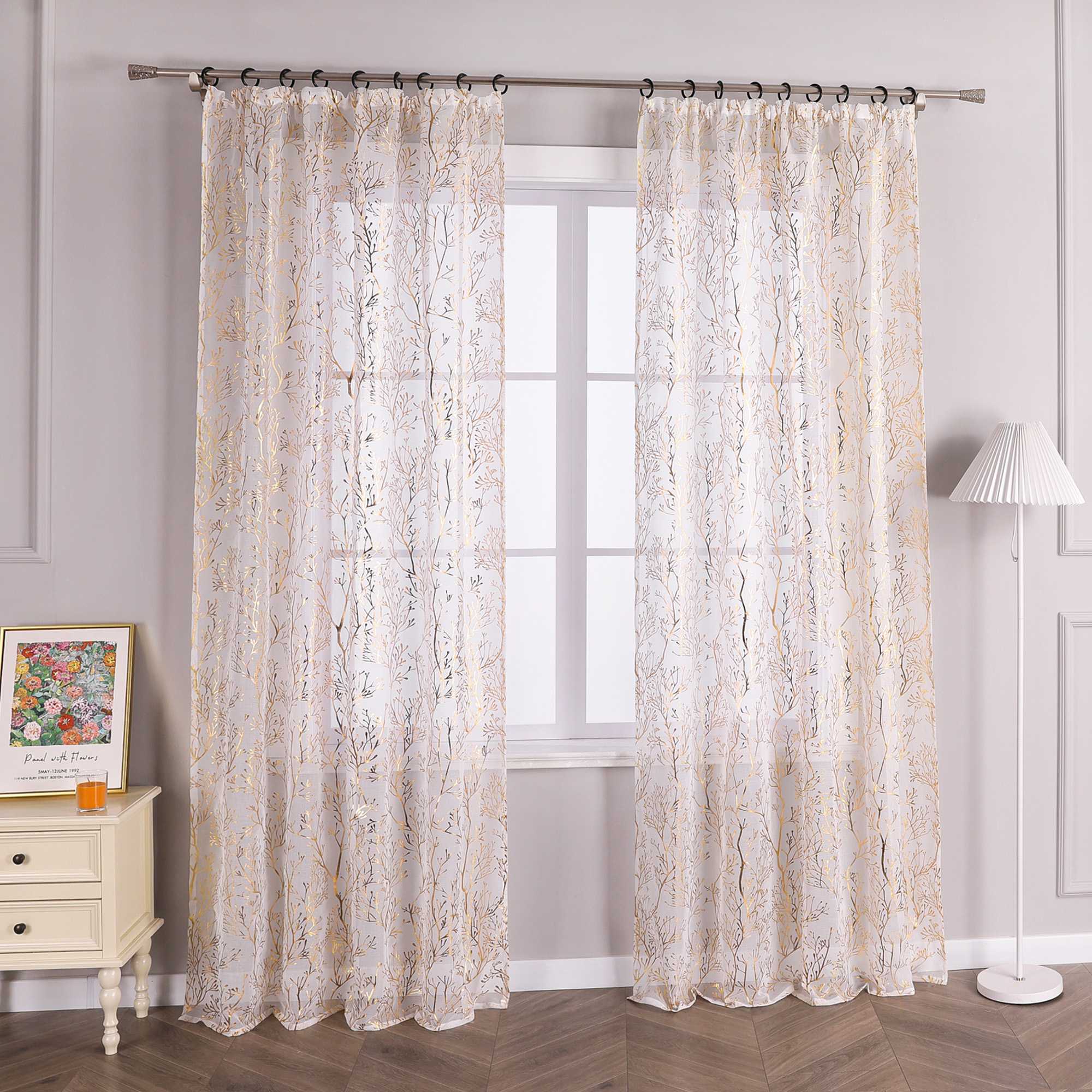 Curtain with Gold-Tone Branch Pattern and Curtain Tape - Gold, W x H 140 x 175cm