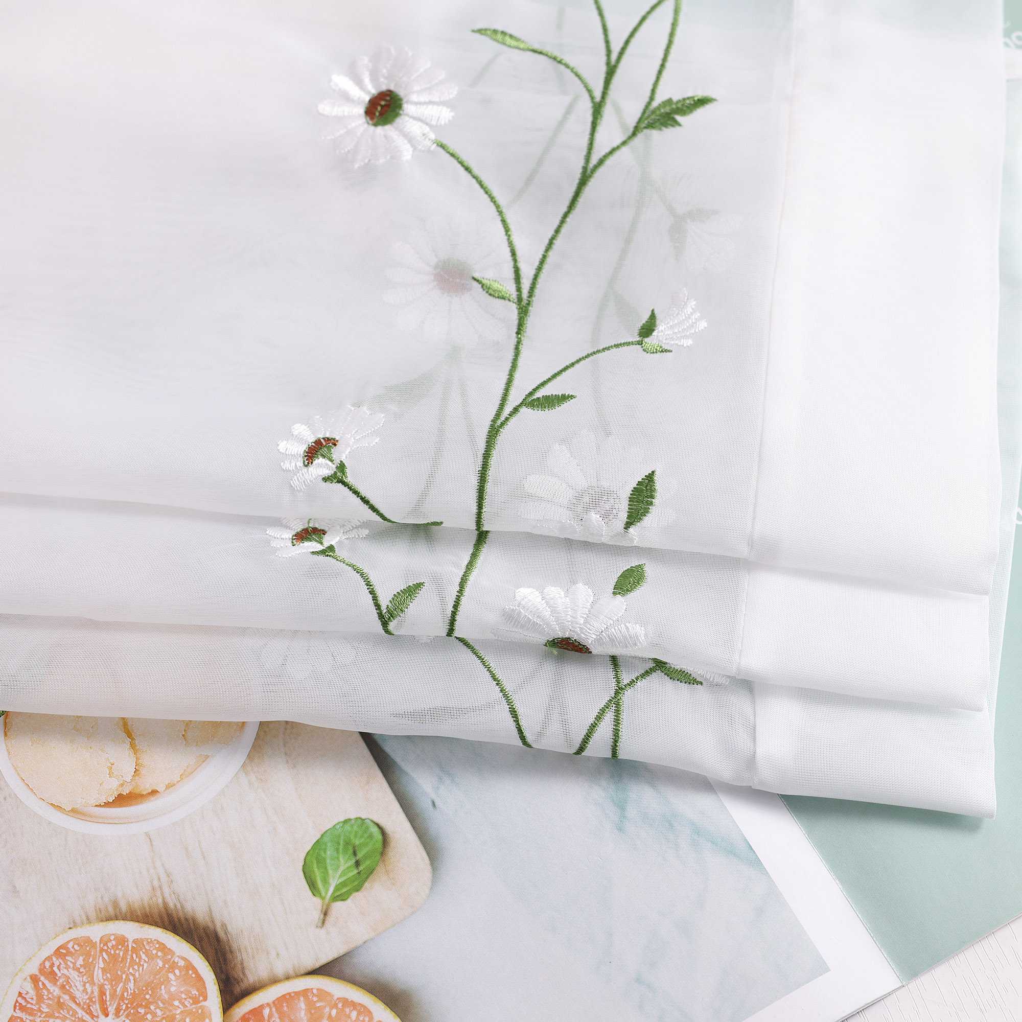 Cafe Curtains Country Style Sheer with Small Daisy Embroidery - White, H x W 60 x 90cm