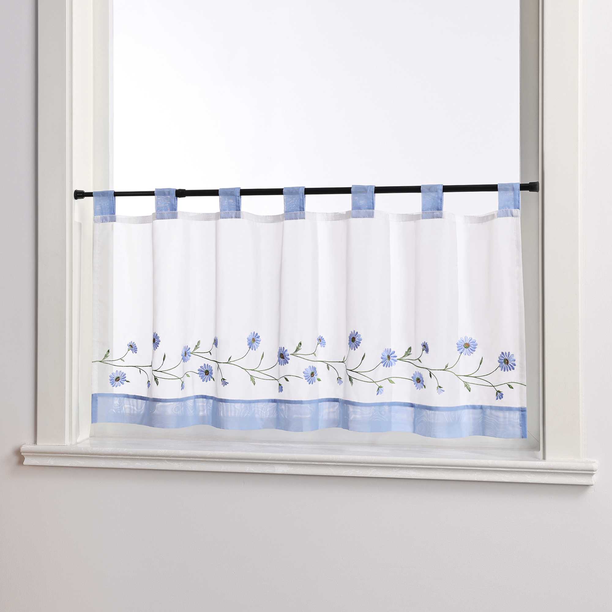 Cafe Curtains Country Style Sheer with Small Daisy Embroidery - Blue, H x W 30 x 90cm