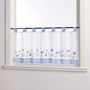 Cafe Curtains Country Style Sheer with Small Daisy Embroidery - Blue, H x W 30 x 90cm