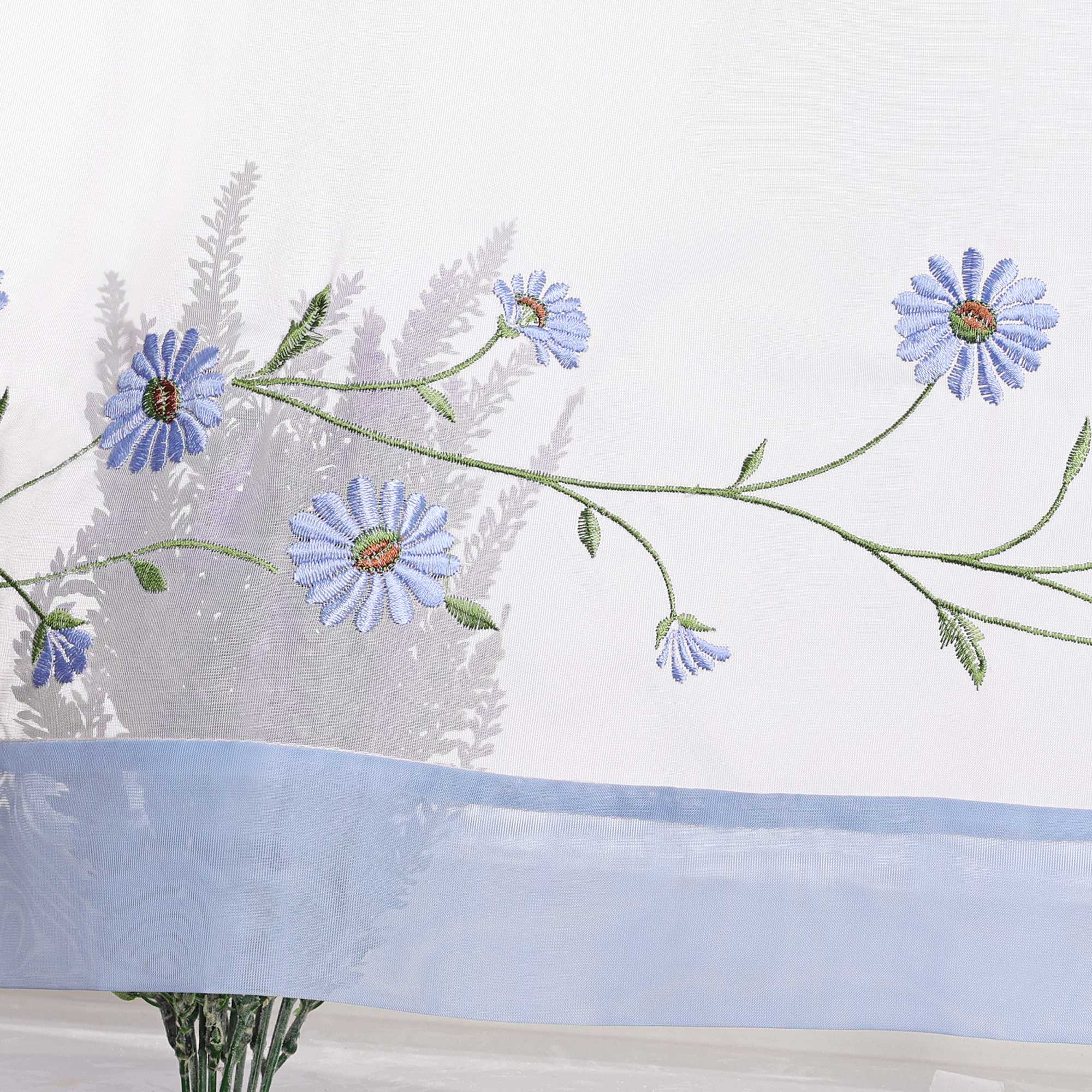 Cafe Curtains Country Style Sheer with Small Daisy Embroidery - Blue, H x W 45 x 90cm