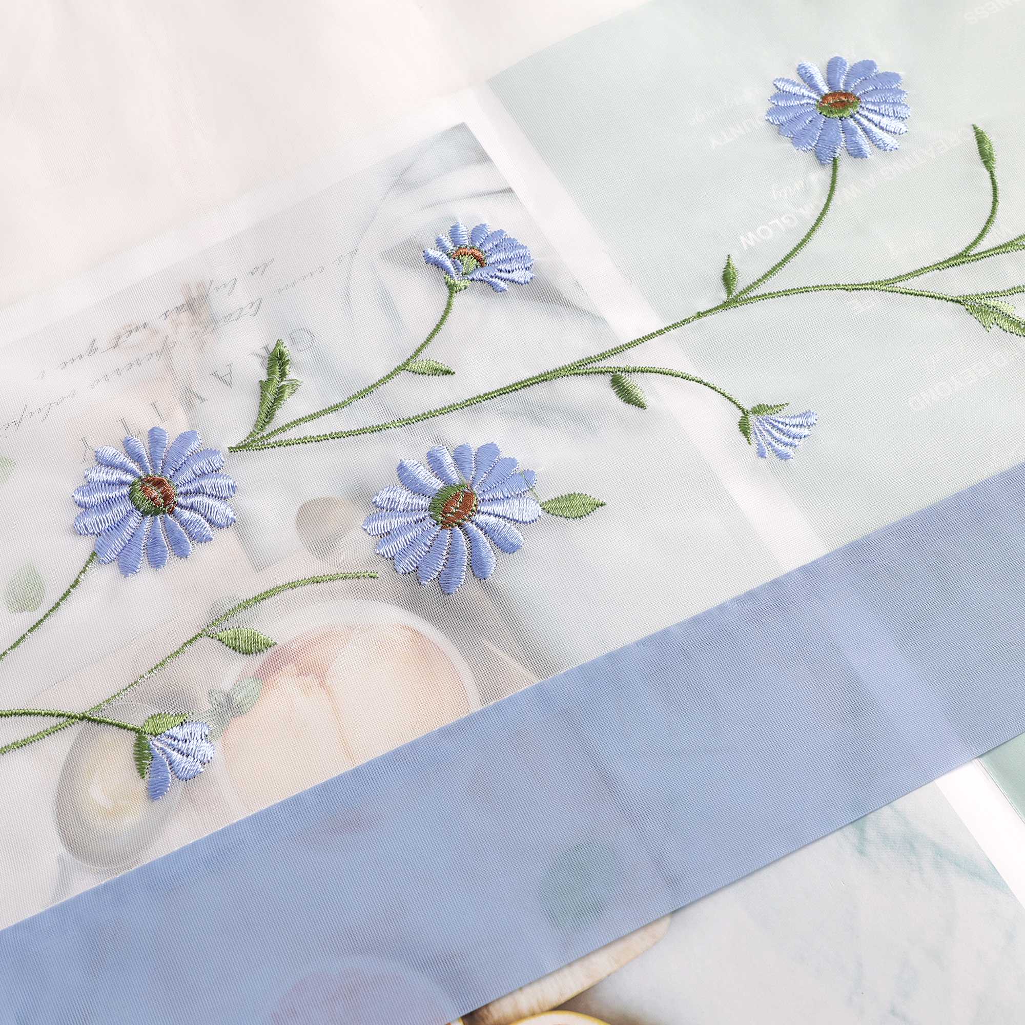 Cafe Curtains Country Style Sheer with Small Daisy Embroidery - Blue, H x W 60 x 90cm