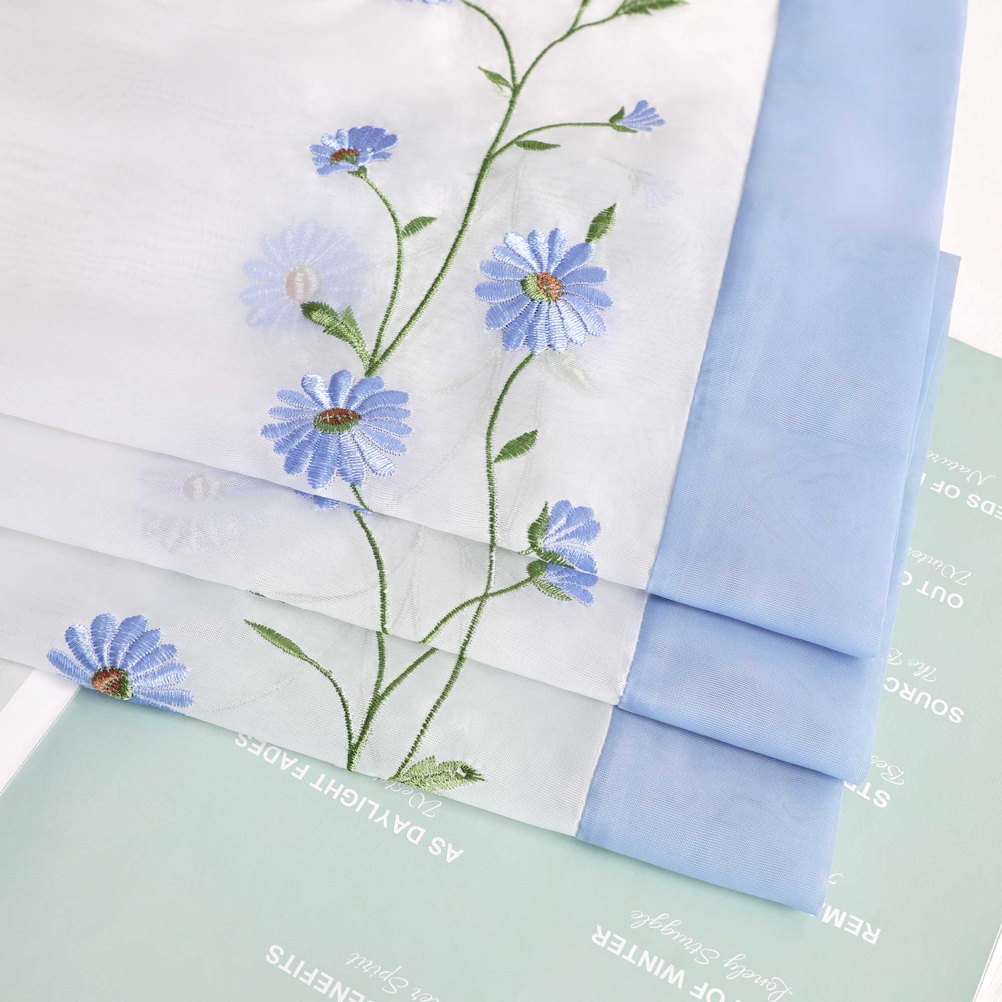 Cafe Curtains Country Style Sheer with Small Daisy Embroidery - Blue, H x W 60 x 120cm