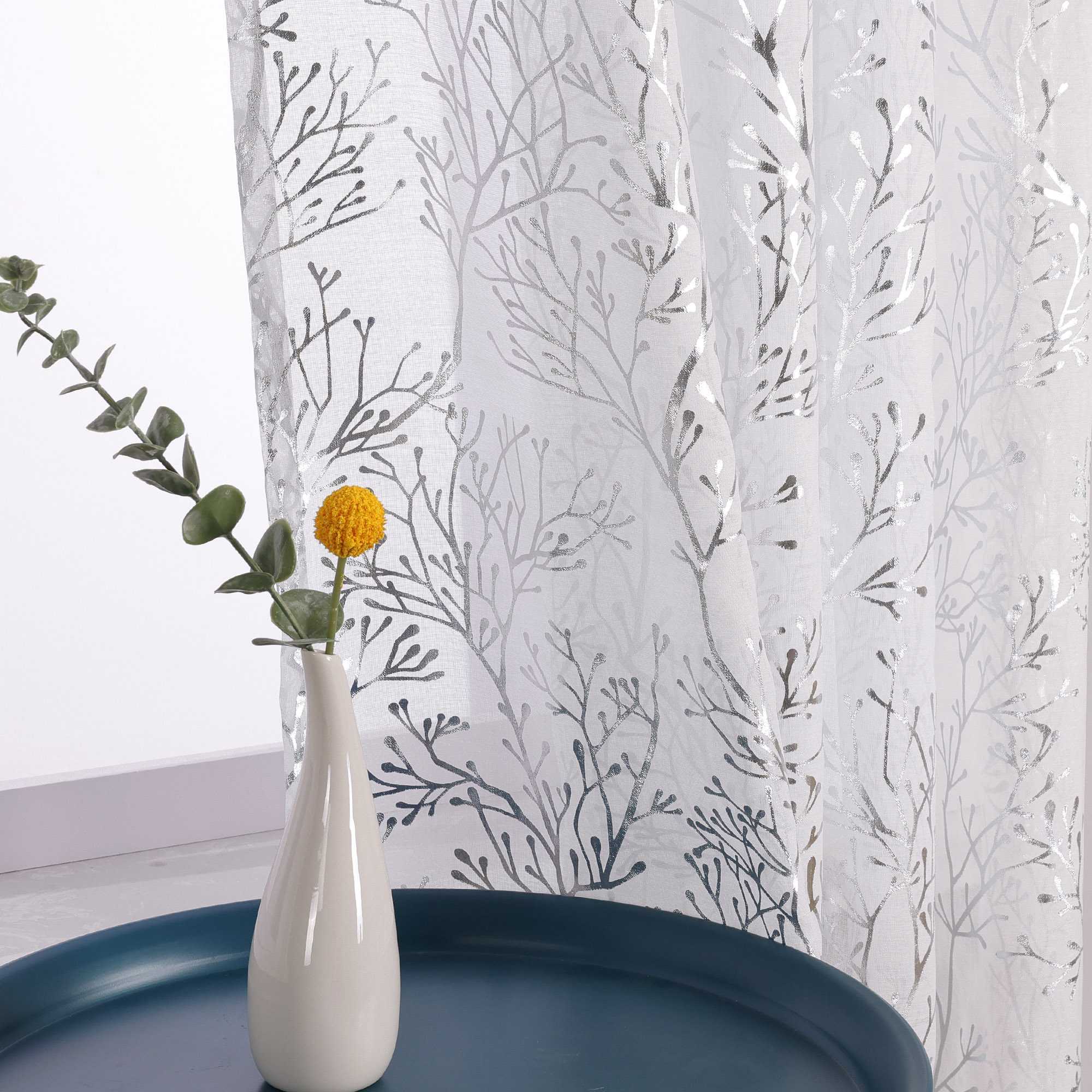 Curtain with Gold-Tone Branch Pattern and Curtain Tape - Brown, W x H 140 x 245cm