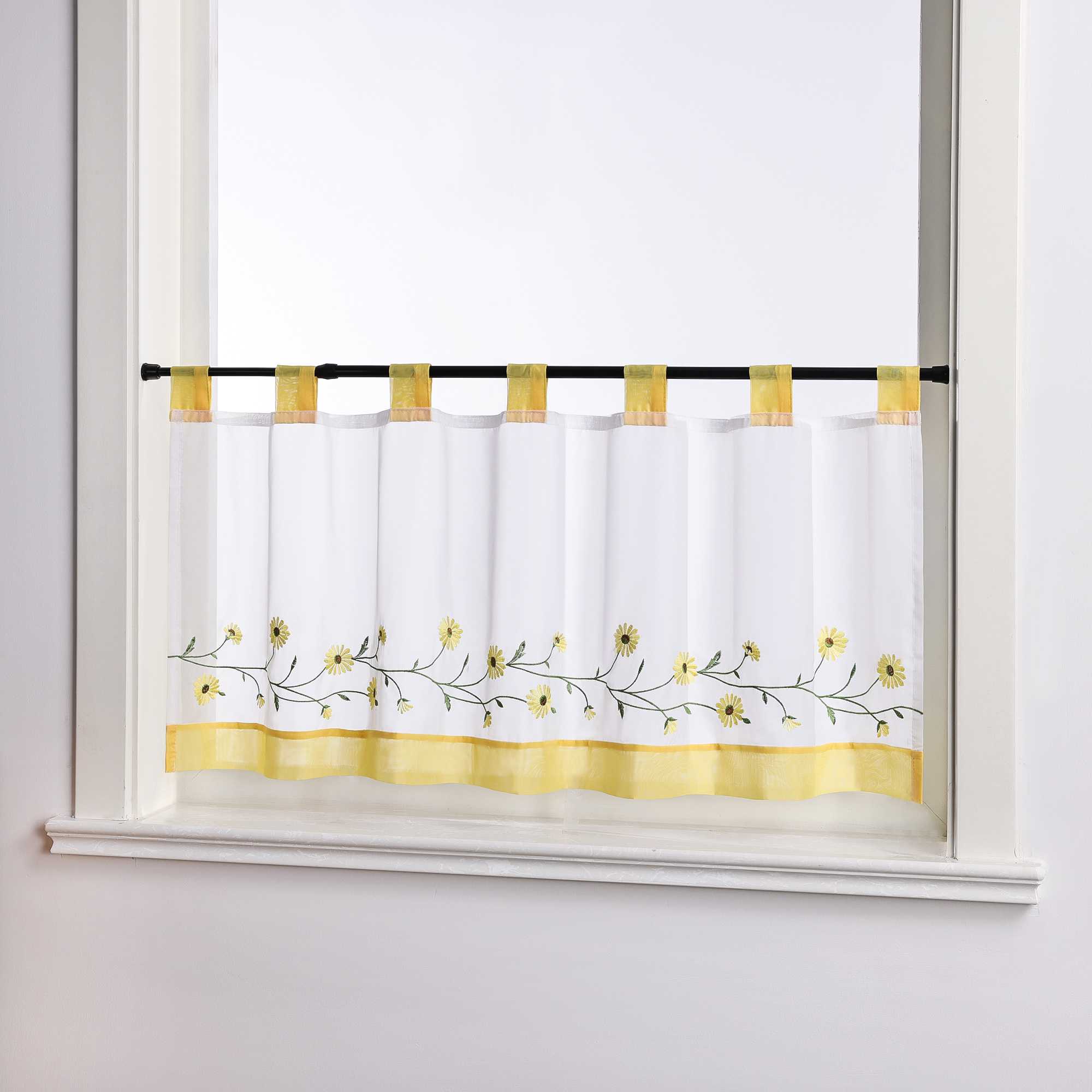 Cafe Curtains Country Style Sheer with Small Daisy Embroidery - Yellow, H x W 30 x 90cm