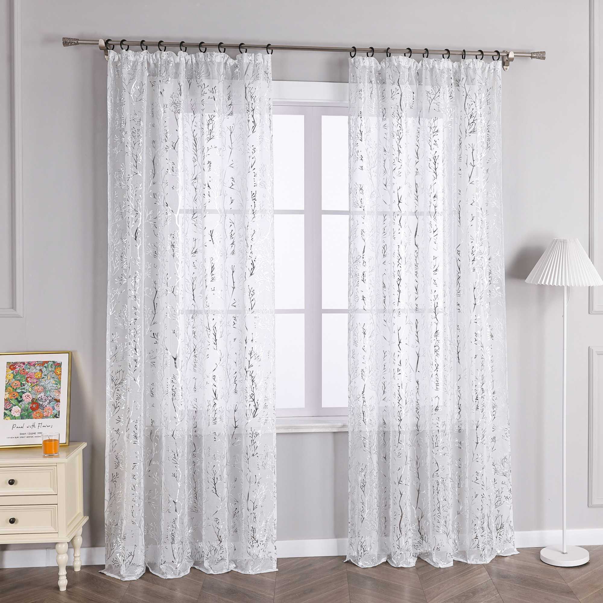 Curtain with Gold-Tone Branch Pattern and Curtain Tape - Silver, W x H 140 x 260cm