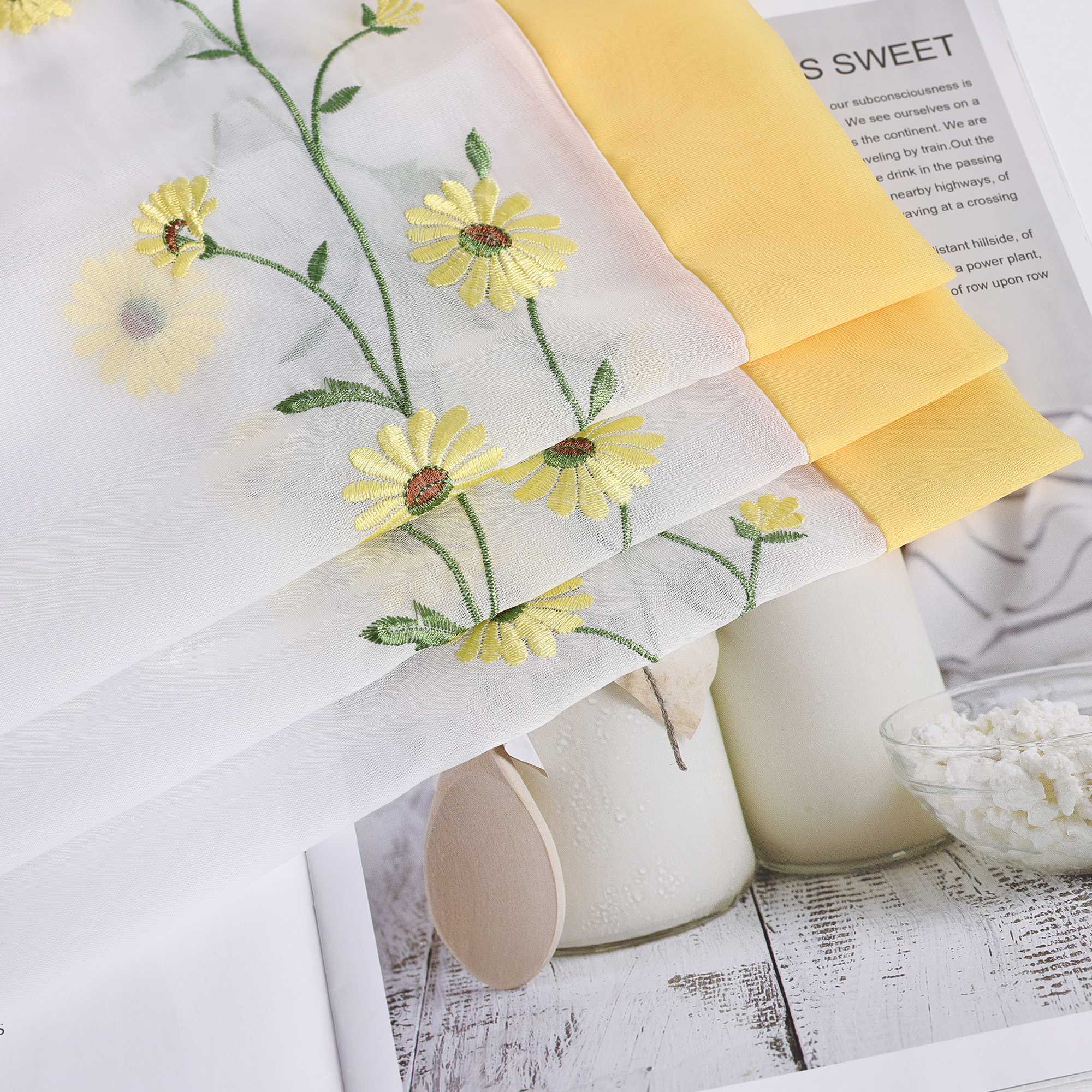 Cafe Curtains Country Style Sheer with Small Daisy Embroidery - Yellow, H x W 60 x 120cm