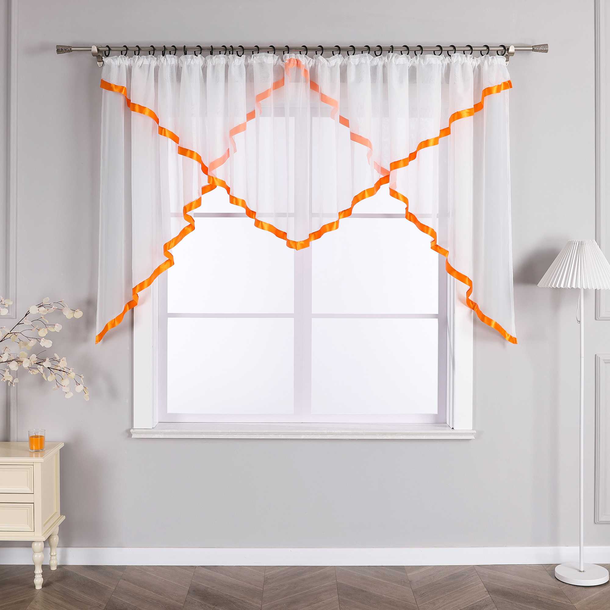 Cafe Curtain with Scalloped Edge, Satin Ribbon and Valance - Green, H x W 120 x 300cm