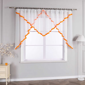Cafe Curtain with Scalloped Edge, Satin Ribbon and Valance - Green, H x W 145 x 300cm