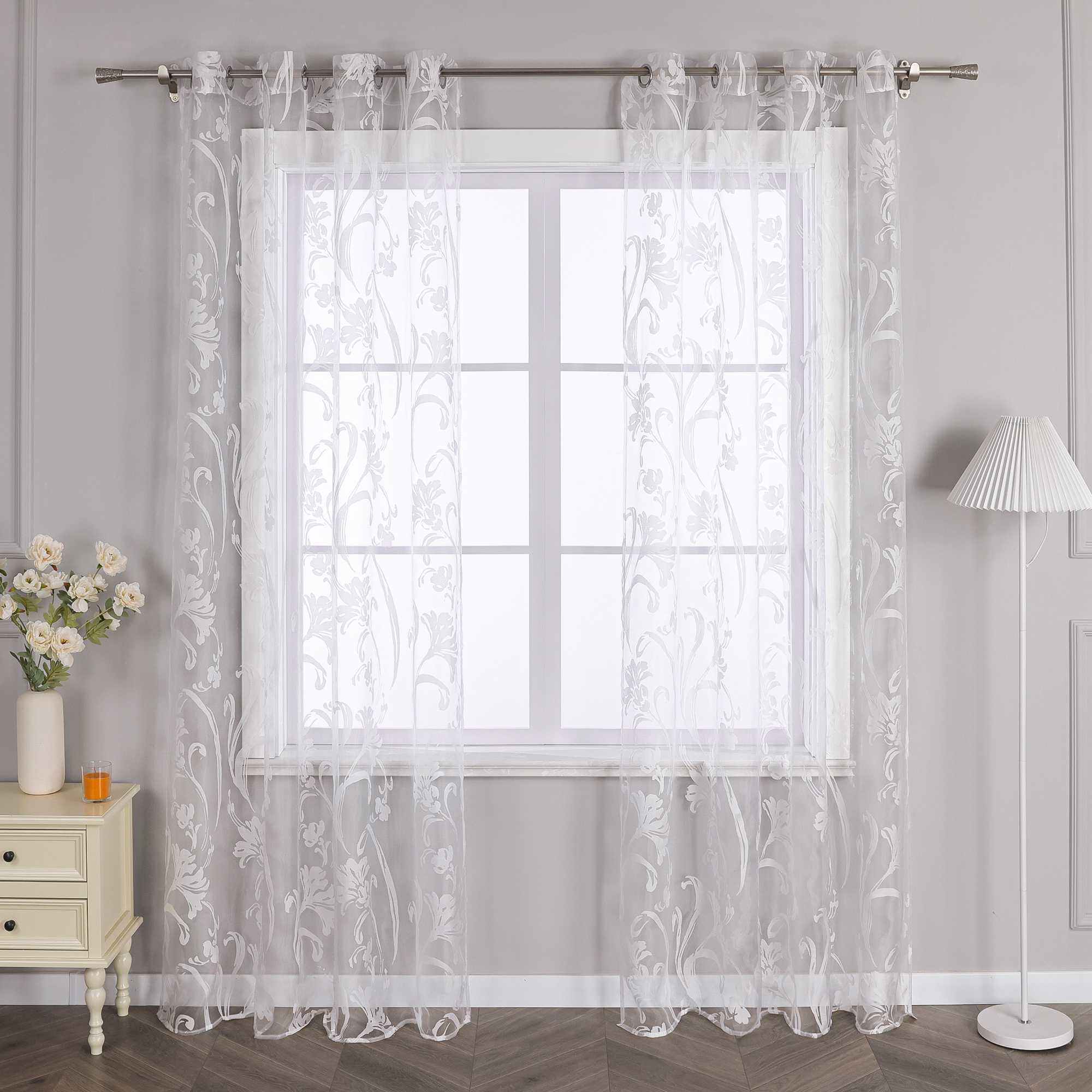 Curtain with Floral Pattern Semi-Sheer 1 Piece - Grommet Panel, White