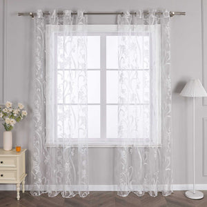 Curtain with Floral Pattern Semi-Sheer 1 Piece - Grommet Panel, White