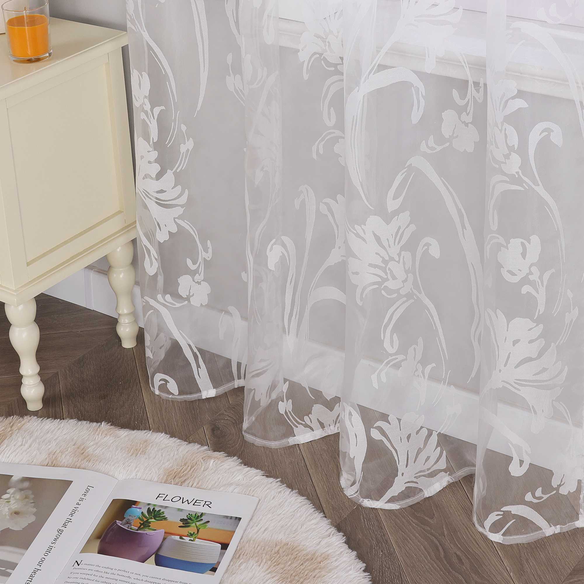 Curtain with Floral Pattern Semi-Sheer 1 Piece - Tab-Top Panel, White