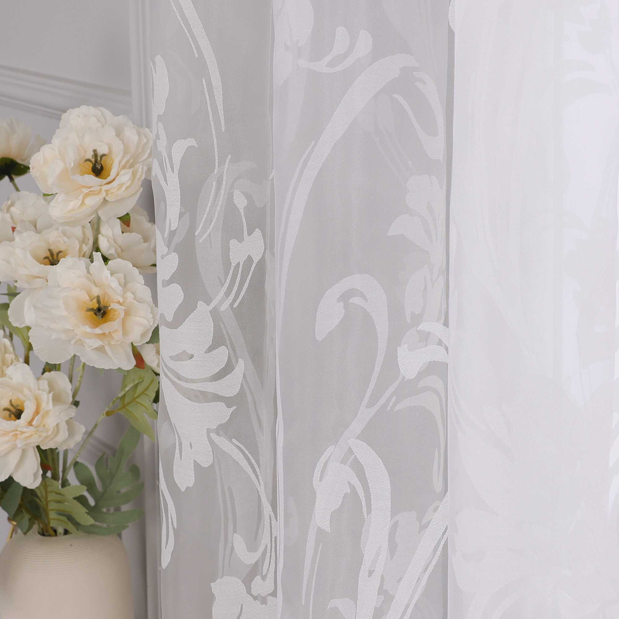 Curtain with Floral Pattern Semi-Sheer 1 Piece - Tab-Top Panel, White