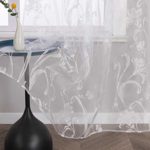 Curtain with Floral Pattern Semi-Sheer 1 Piece - Tab-Top Panel, White