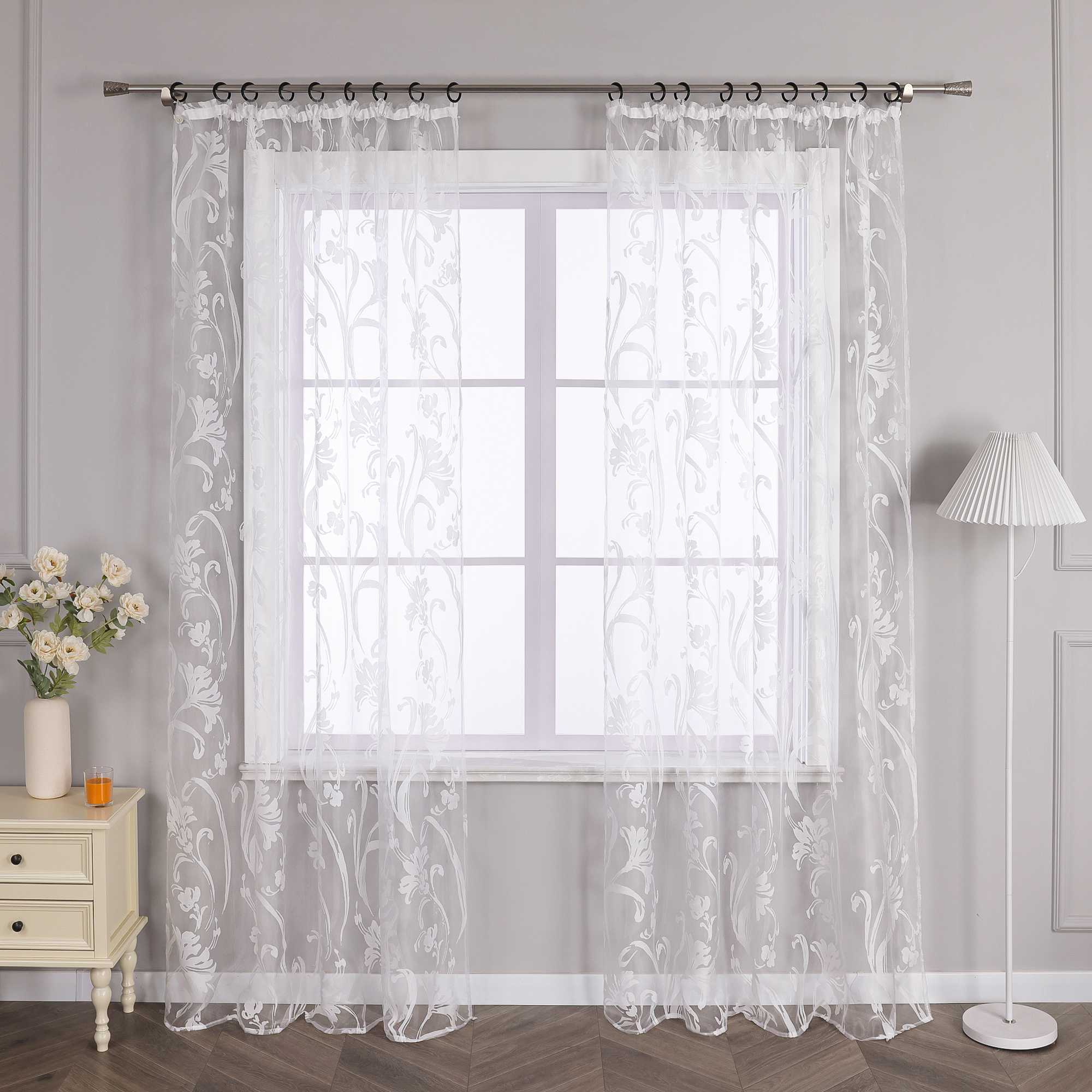 Curtain with Floral Pattern Semi-Sheer 1 Piece - Curtain-Tape Panel, White