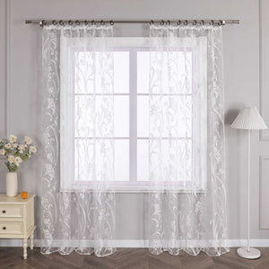 Curtain with Floral Pattern Semi-Sheer 1 Piece - Curtain-Tape Panel, White