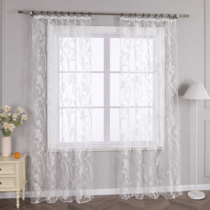 Curtain with Floral Pattern Semi-Sheer 1 Piece - Curtain-Tape Panel, White
