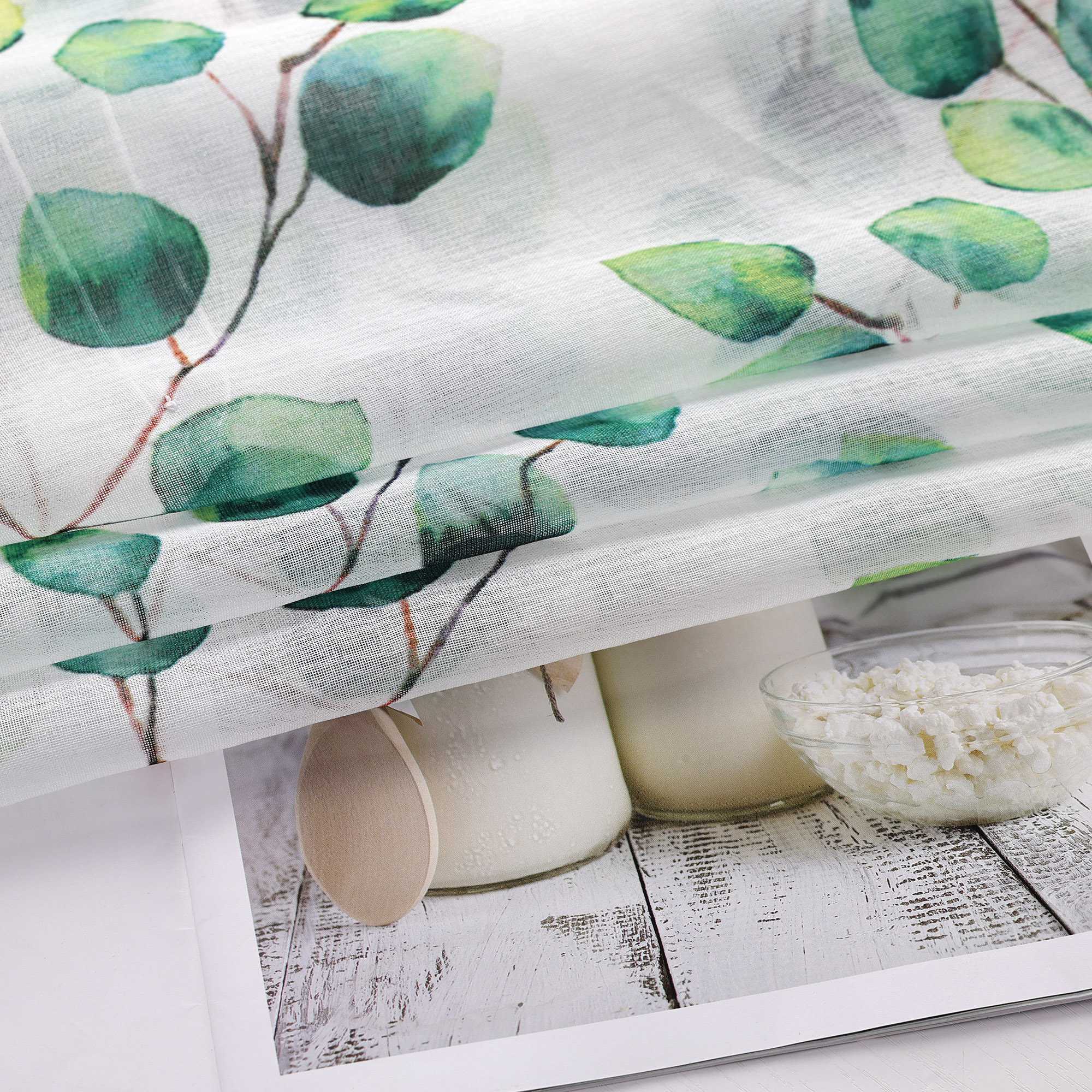 Hook-and-Loop Sliding Panel Curtains with Green Leaf Pattern Light-Filtering Set of 2 - Green, H x W 245 x 57 cm