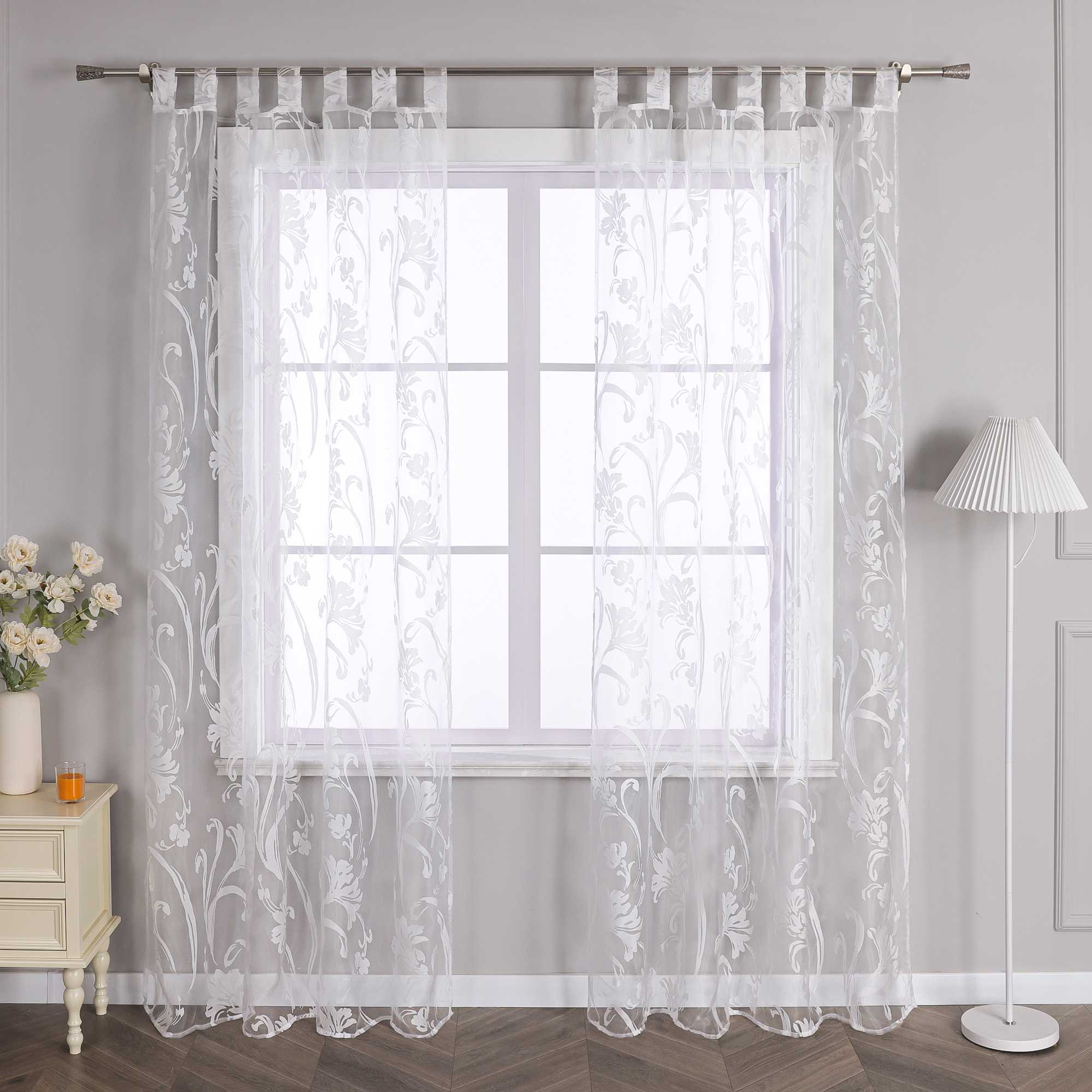 Curtain with Floral Pattern Semi-Sheer 1 Piece - Tab-Top Panel, White