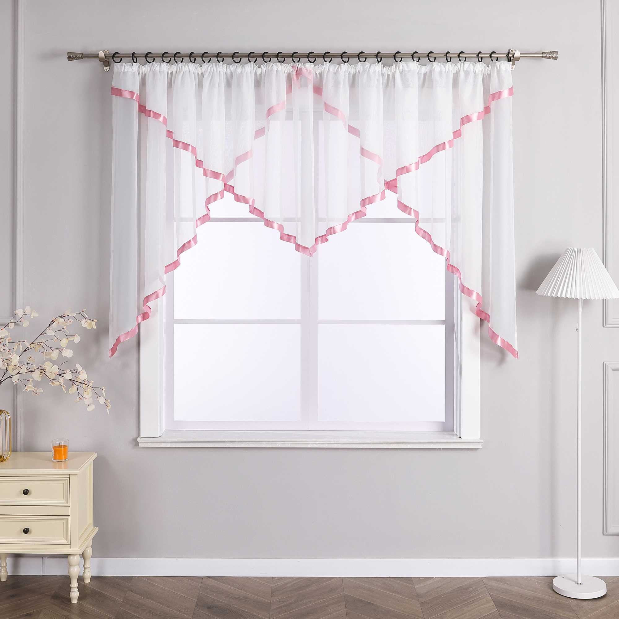 Cafe Curtain with Scalloped Edge, Satin Ribbon and Valance - Green, H x W 120 x 600cm