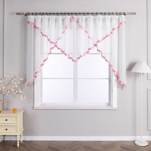 Cafe Curtain with Scalloped Edge, Satin Ribbon and Valance - Green, H x W 120 x 600cm