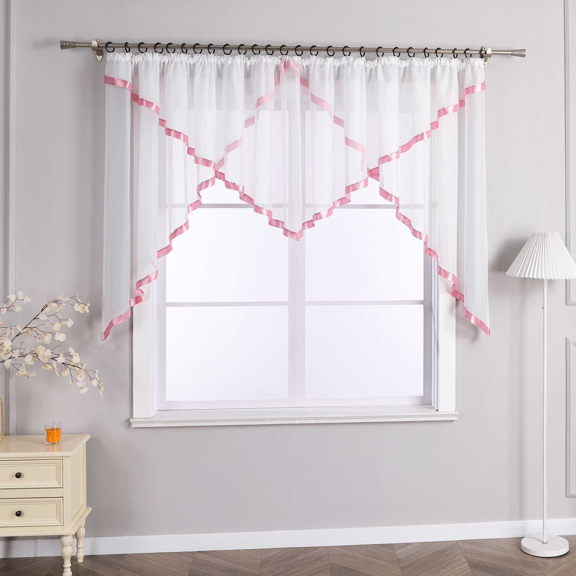 Cafe Curtain with Scalloped Edge, Satin Ribbon and Valance - Orange, H x W 120 x 300cm